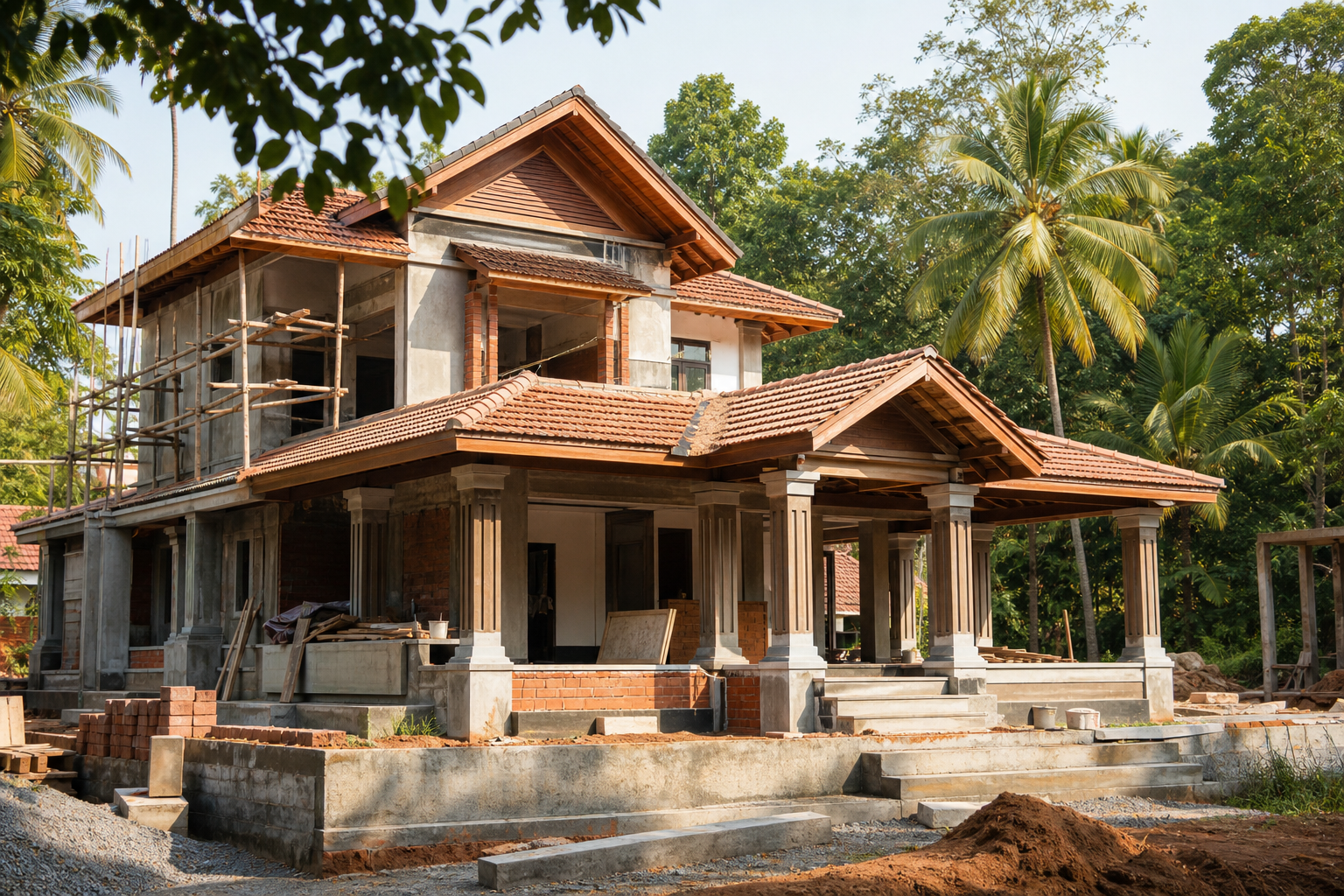 Kerala traditional home construction in progress